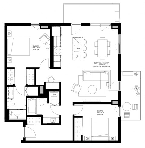 Floor plan for 2 beds, 2 baths, 1112 sqft